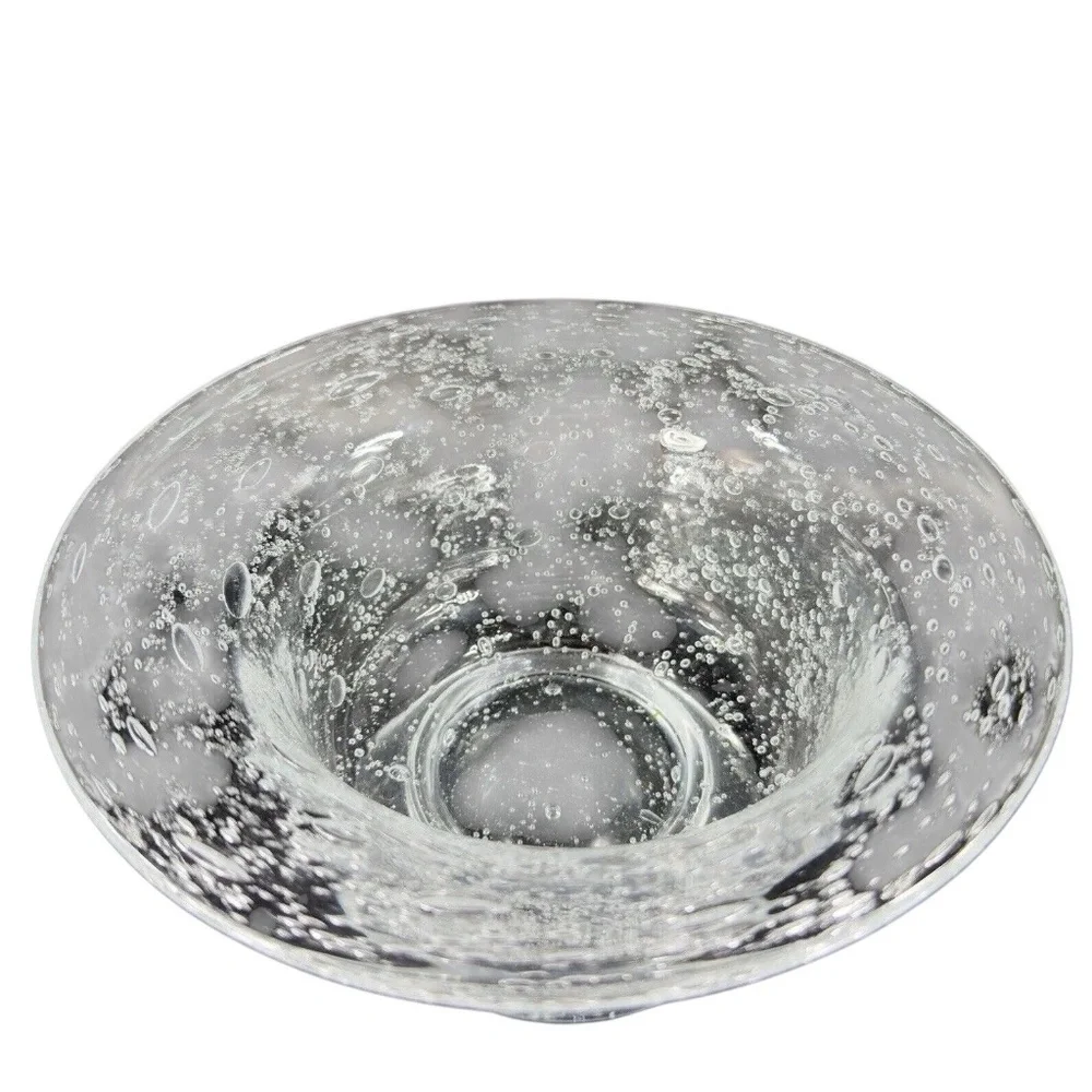 Vintage Hand Blown Footed Clear Art Glass Bowl Dish With Large Air‎ Bubbles